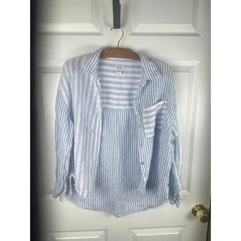 Nicole Miller Linen Blue White Stripe Button Shirt. coastal grandma preppy Beach - Picture 2 of 4